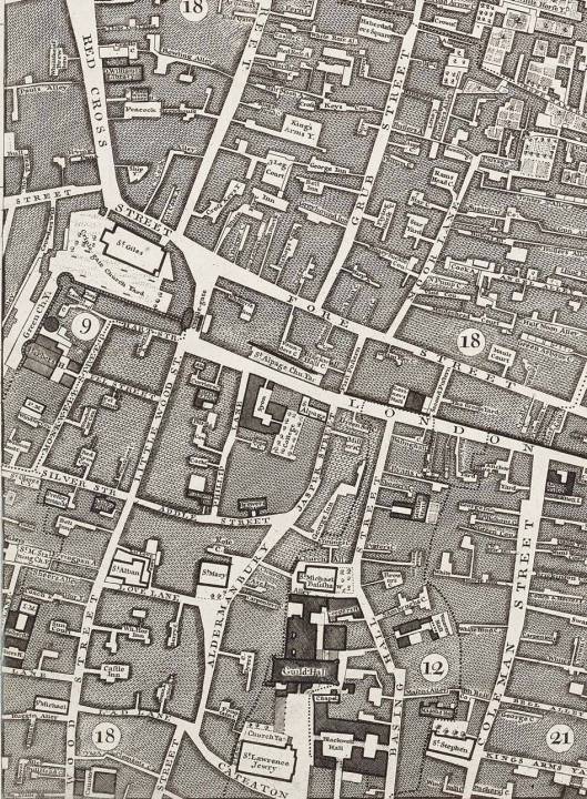 Section of John Rocque's map of London in 1746, showing Lad Lane in the parish of St Michael, Wood Street, where John Byne had property (see will below)