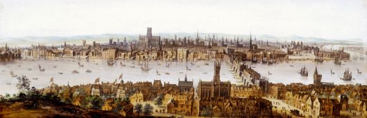 London from Southwark. Oil on wood. This is a view of London taken from Southwark in the mid-1600s before the Great Fire. It shows Southwark in the foreground, with the playhouses on the left-hand side and the cathedral in the centre. London Bridge spans the river and then the City of London itself is on the north bank of the Thames, shown as a huddle of crowded, narrow houses and church spires. The writer John Evelyn described London as 'this Glorious and Antient Cityâ€¦so full of Stink and Darknesse' in his Fumifugium of 1661. He went on to call the buildings 'such a Congestion of mishapen and extravagant Houses'. This 'congestion' of houses and industries belched out huge amounts of smoke into the atmosphere and created a massive fire risk. The Great Fire of London was an accident waiting to happen.